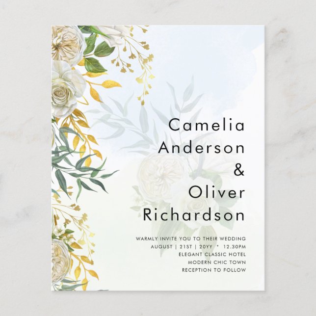 Flyer Elegante Boda botánico de rosas blancas todo en 1 (Frente)