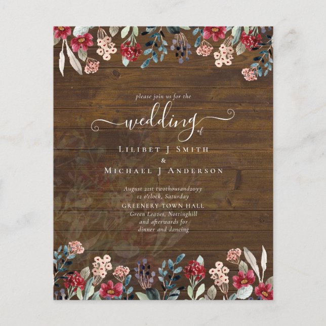Flyer Elegante Boda floral azul turbio de Borgoña (Frente)