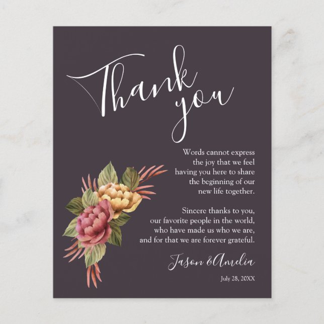 Flyer Elegante Boda floral Plate Gracias (Frente)