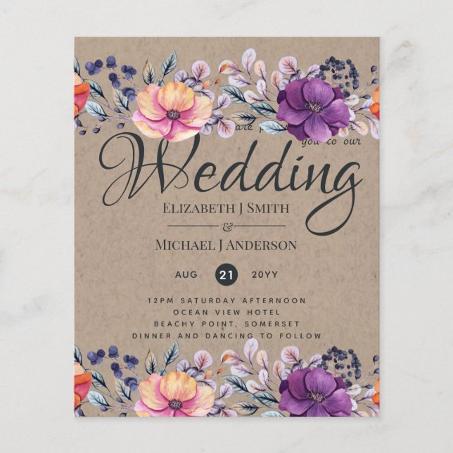 Flyer Elegante Boda Naranja floral morado (Frente)