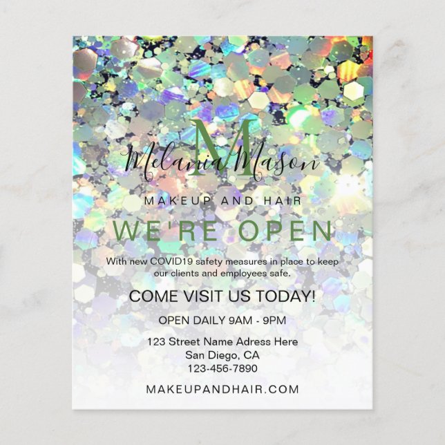 Flyer Elegante brillo holográfico Maquilladora Negro Mos (Frente)