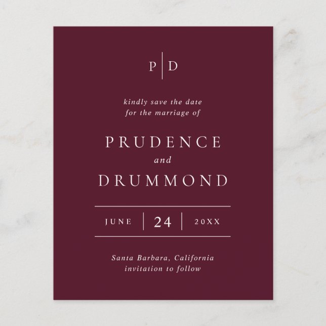 Flyer Elegante Burgundy Profundo Ahorra la Fecha de Boda (Frente)