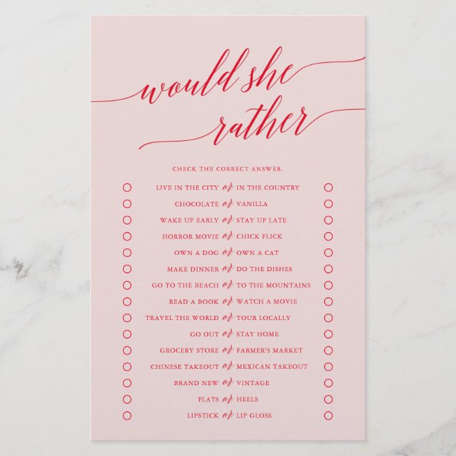 Flyer Elegante Caligrafía Rosa Rojo ¿Qué Preferiría Jueg (Frente)