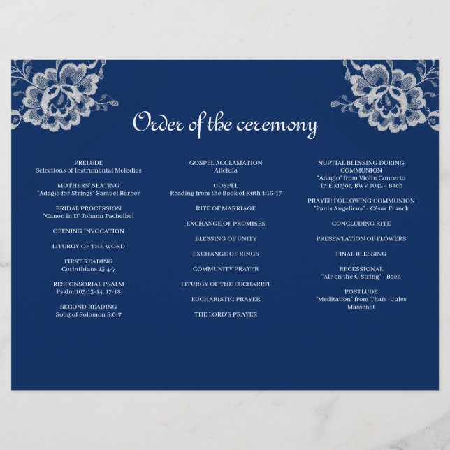 Flyer Elegante encaje floral sobre Boda azul de la marin (Atrás)