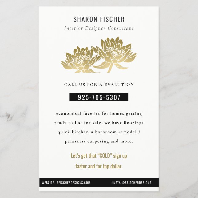Flyer Elegante Faux Gold Lotus Floral Business (Frente)