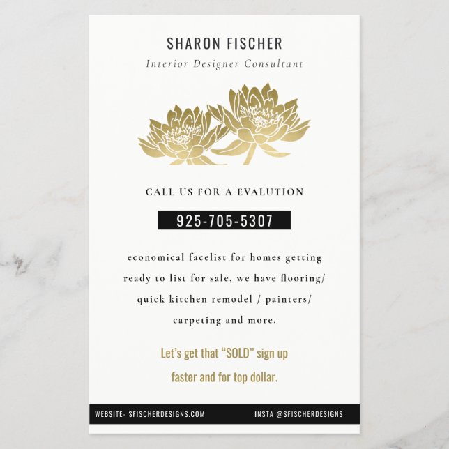 Flyer Elegante Faux Gold Lotus Floral Business (Frente)