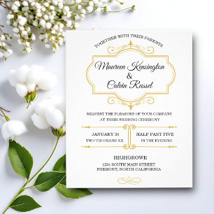 Flyer Elegante filigrana de oro sobre blanco, invitación