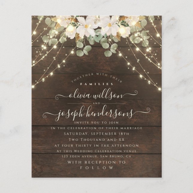 Flyer Elegante Florales de Madera Rústica Iluminan boda  (Frente)