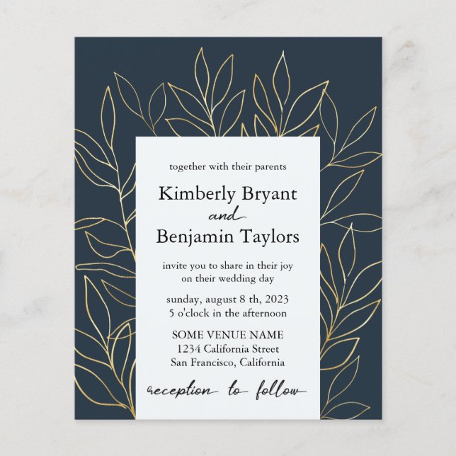 Flyer Elegante Foliage de oro. Dusty Blue Luxury Boda In (Frente)