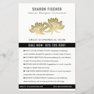 Flyer Elegante Formal Falso Floral de Loto de Oro para N