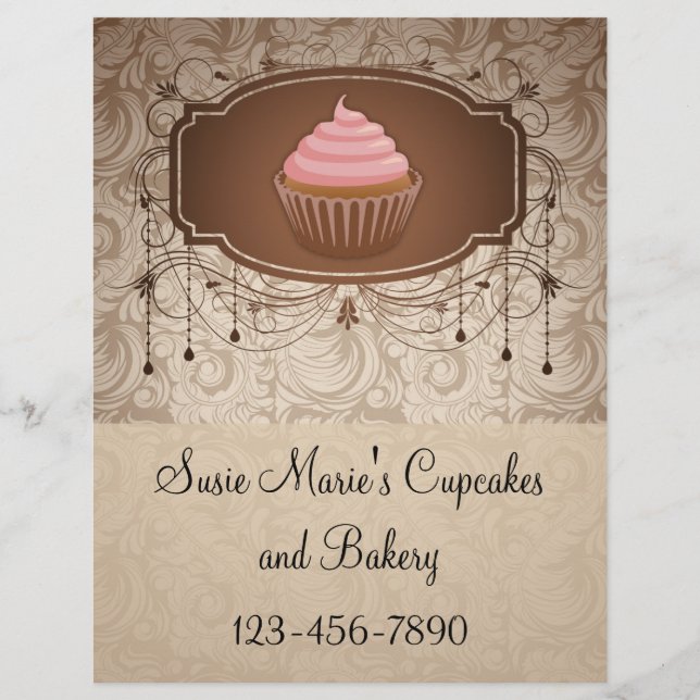 Flyer Elegante Glamour Mocha Damask Cupcake Diseño (Frente)
