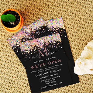 Flyer Elegante Glitter Holográfico Estamos Abiertos Saló