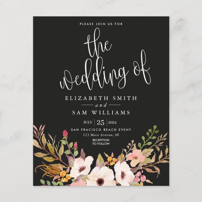 Flyer Elegante invitación a la boda Black Floral Budget (Frente)