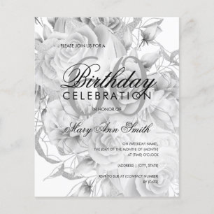 Flyer Elegante Invitación blanca de color plateado flora