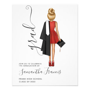 Flyer Elegante Invitación de Grado de Chica Rojo, Negro 