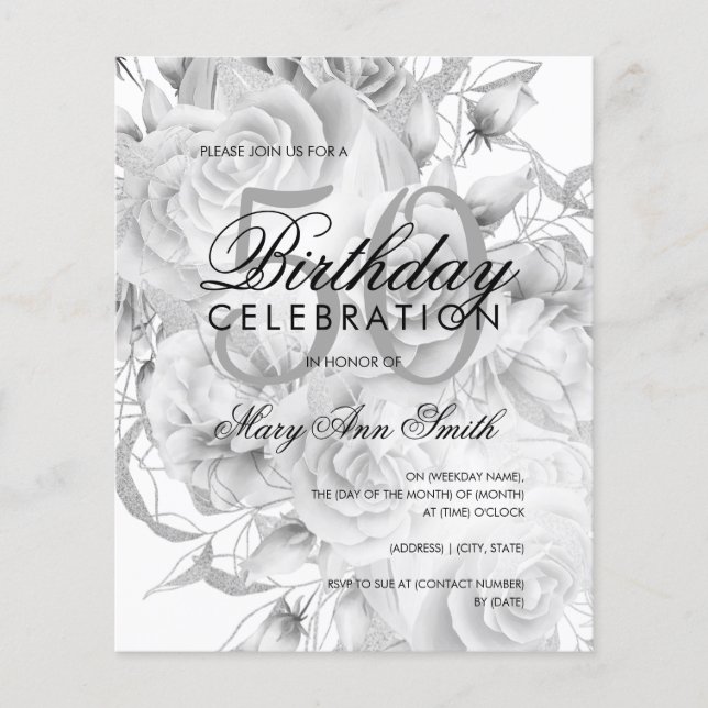 Flyer Elegante invitación floral de cumpleaños número 50 (Frente)