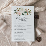 Flyer Elegante juego Magnolia Bride y Groom Trivia<br><div class="desc">Este elegante juego de la magnolia bride and groom trivia es perfecto para una moderna ducha de boda. El diseño floral suave incluye peonías de color agua rosado, magníficas flores de magnolia blanca y algodón con hojas doradas y verdes en un arreglo lujoso. Personalice la parte posterior de la tarjeta...</div>