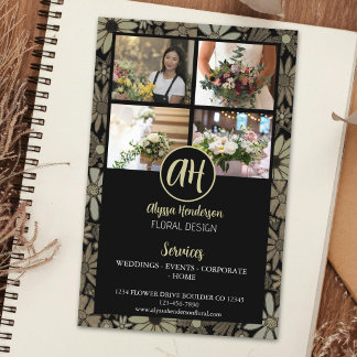 Flyer Elegante logotipo de negocio floral negro y bronce