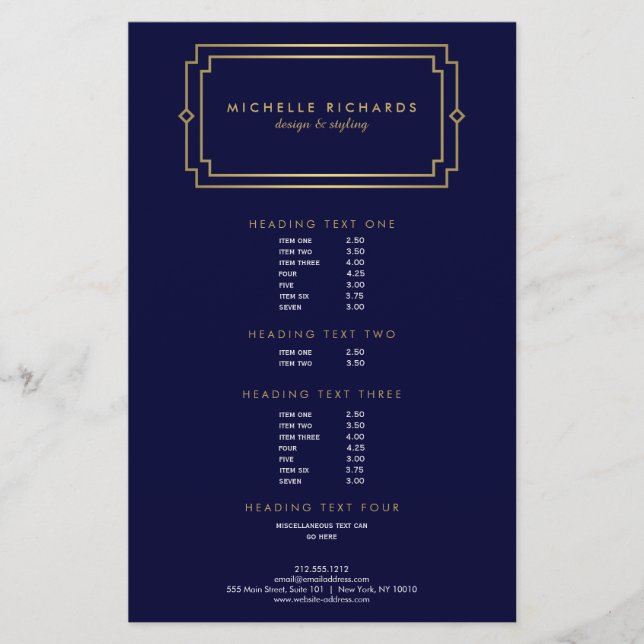 Flyer Elegante Marina Profesional Art Deco/Oro (Frente)