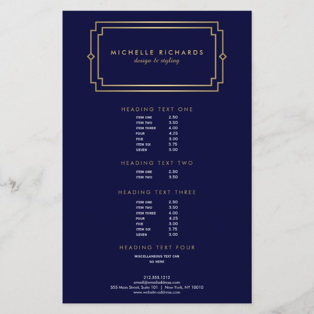 Flyer Elegante Marina Profesional Art Deco/Oro (Frente)