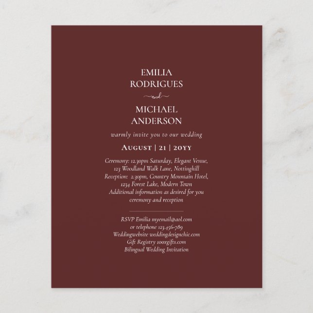 Flyer Elegante presupuesto Bilingüe Borgoña Boda español (Frente)