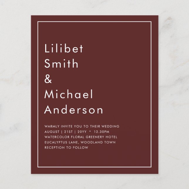 Flyer Elegante PRESUPUESTO Borgoña Monocromo Boda Simple (Frente)