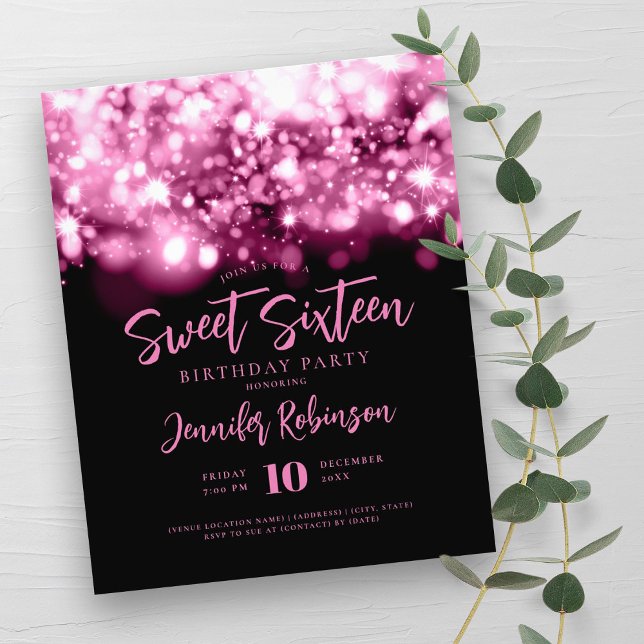 Flyer Elegante presupuesto Hot Pink Sparkle Sweet 16 Inv (Elegant Budget Hot Pink Sparkle Sweet 16 Invite Flyer)