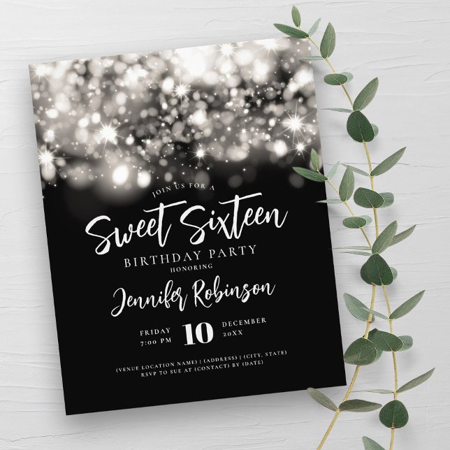 Flyer Elegante presupuesto Plata Sparkle Sweet 16 Invite (Elegant Budget Silver Sparkle Sweet 16 Invite Flyer)