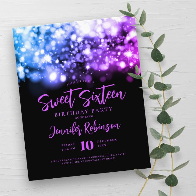 Flyer Elegante presupuesto Purple Blue Spark Sweet 16 In (Elegant Budget Purple Blue Spark Sweet 16 Invite Flyer)