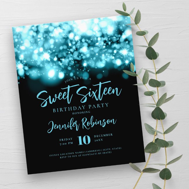 Flyer Elegante presupuesto Turquesa Spark Sweet 16 Invit (Elegant Budget Turquoise Spark Sweet 16 Invite Flyer)