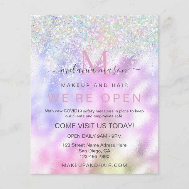 Flyer Elegante Purpurina Holográfico Artista de maquilla (Frente)