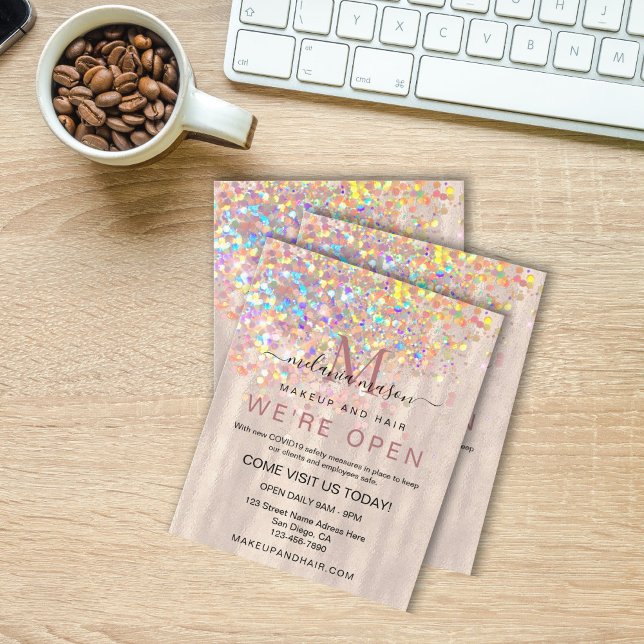 Flyer Elegante Purpurina holográfico Pearl We are Open S (Subido por el creador)