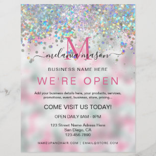 Flyer Elegante Purpurina Holográfico Rosa Somos Salón Ab