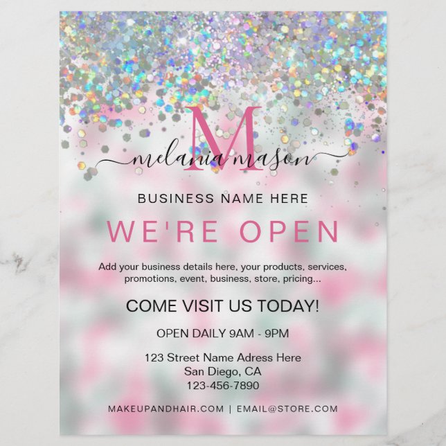 Flyer Elegante Purpurina Holográfico Rosa Somos Salón Ab (Frente)