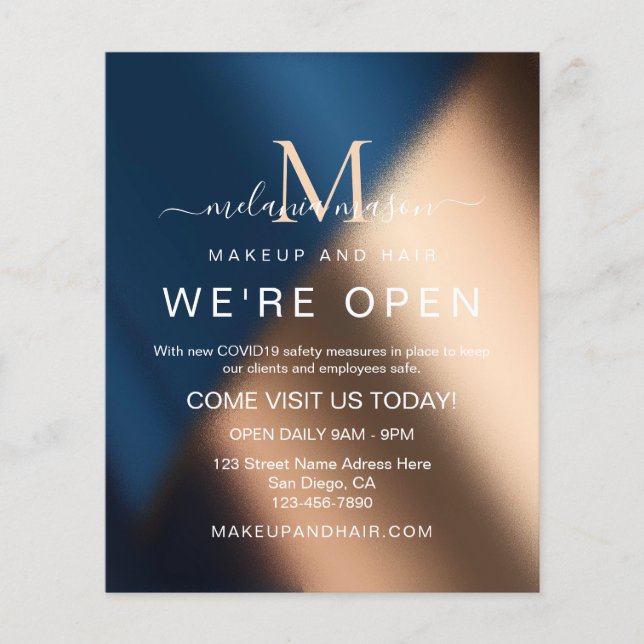 Flyer Elegante Rosa azul de la Marina Somos Salón Abiert (Frente)