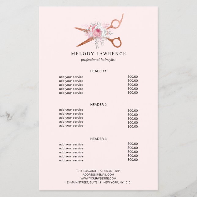 Flyer Elegante rosa de cobre tijeras de oro peinado (Frente)