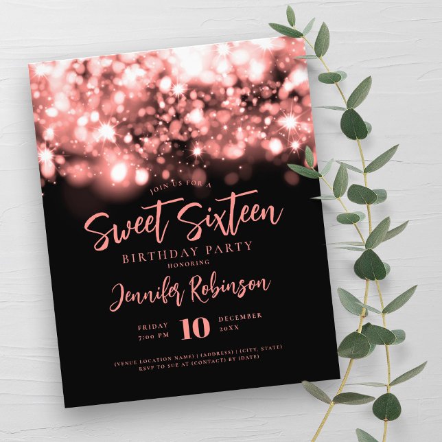 Flyer Elegante Rosa de presupuesto Dorado Sparkle Sweet  (Elegant Budget Rose Gold Sparkle Sweet 16 Invite Flyer)