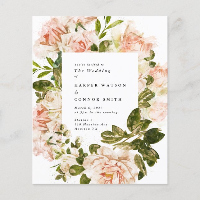 Flyer Elegante Rosa de presupuesto Romance Watercolor Bo (Frente)