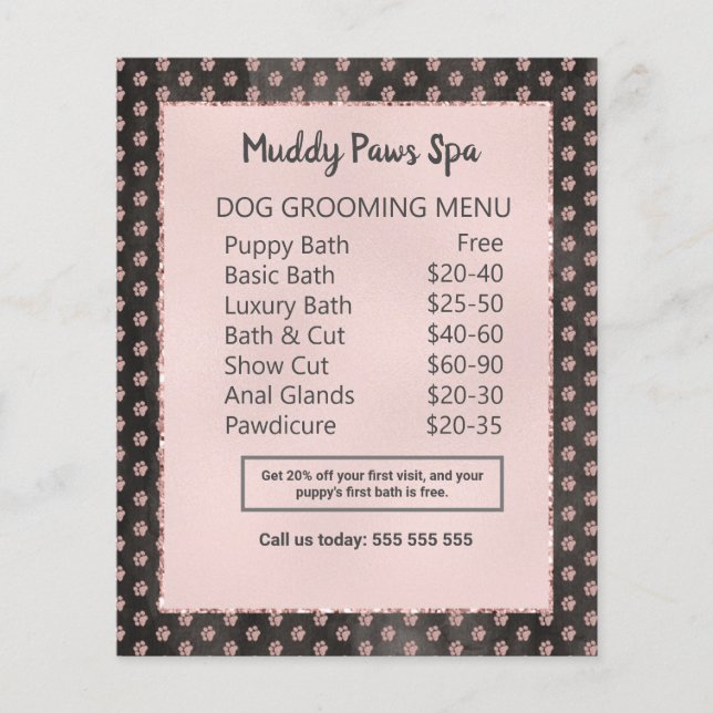 Flyer Elegante Rosa Purpurina de oro Paws Dog Grooming M (Frente)