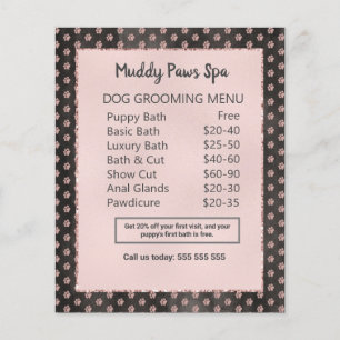 Flyer Elegante Rosa Purpurina de oro Paws Dog Grooming M