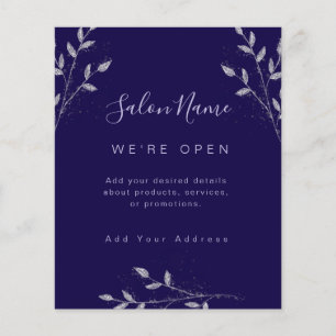 Flyer Elegante Salón Azul Oscuro y Plateado con Clase