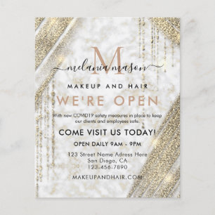 Flyer Elegante Salón de Apertura de Mármol Blanco de Oro