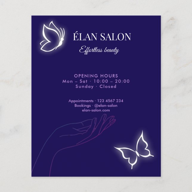 Flyer Elegante Salón de Belleza Glow Chic Mariposa (Frente)