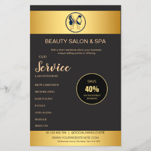 Flyer Elegante Salón de Peluquería Unisex Negro y Dorado