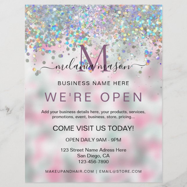 Flyer Elegante Salón Glitter Holográfico Estamos Abierto (Frente)