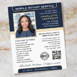 Flyer Elegante servicio de notario móvil foto Blue Gold<br><div class="desc">Atraer más clientes con estos clásicos folletos de negocios del Notary Public. Una plantilla elegante personalizada con su foto, nombre, detalles, código QR y un logotipo o símbolo de acreditación. Los folletos comerciales son una manera eficaz de promocionar su negocio y anunciar sus servicios notarios. Una manera efectiva de promocionar...</div>