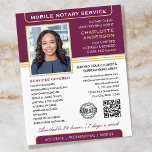 Flyer Elegante servicio de notario móvil Photo Plum Gold<br><div class="desc">Atraer más clientes con estos clásicos folletos de negocios del Notary Public. Una plantilla elegante personalizada con su foto, nombre, detalles, código QR y un logotipo o símbolo de acreditación. Los folletos comerciales son una manera eficaz de promocionar su negocio y anunciar sus servicios notarios. Una manera efectiva de promocionar...</div>