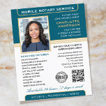 Flyer Elegante servicio notarial móvil foto oro Verde az<br><div class="desc">Atraer más clientes con estos clásicos folletos de negocios del Notary Public. Una plantilla elegante personalizada con su foto, nombre, detalles, código QR y un logotipo o símbolo de acreditación. Los folletos comerciales son una manera eficaz de promocionar su negocio y anunciar sus servicios notarios. Una manera efectiva de promocionar...</div>