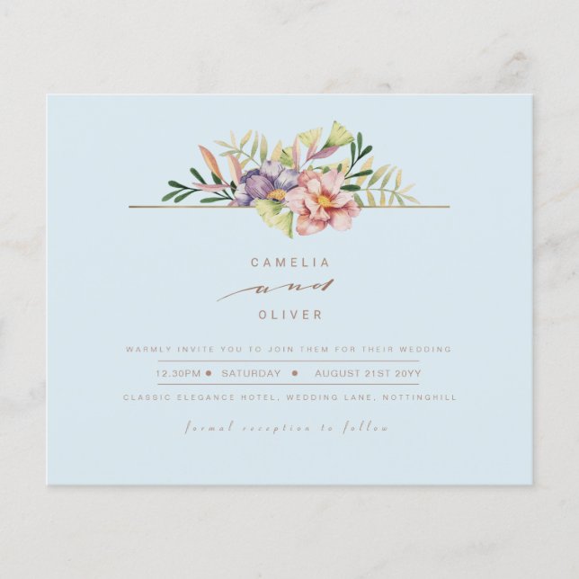 Flyer Elegante Sky Blue Summer Floral Wedding Invitar QR (Frente)