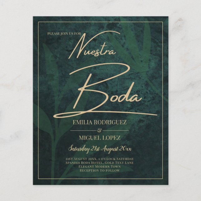 Flyer Elegante Verde Dorado Código QR de RSVP BODA Españ (Frente)